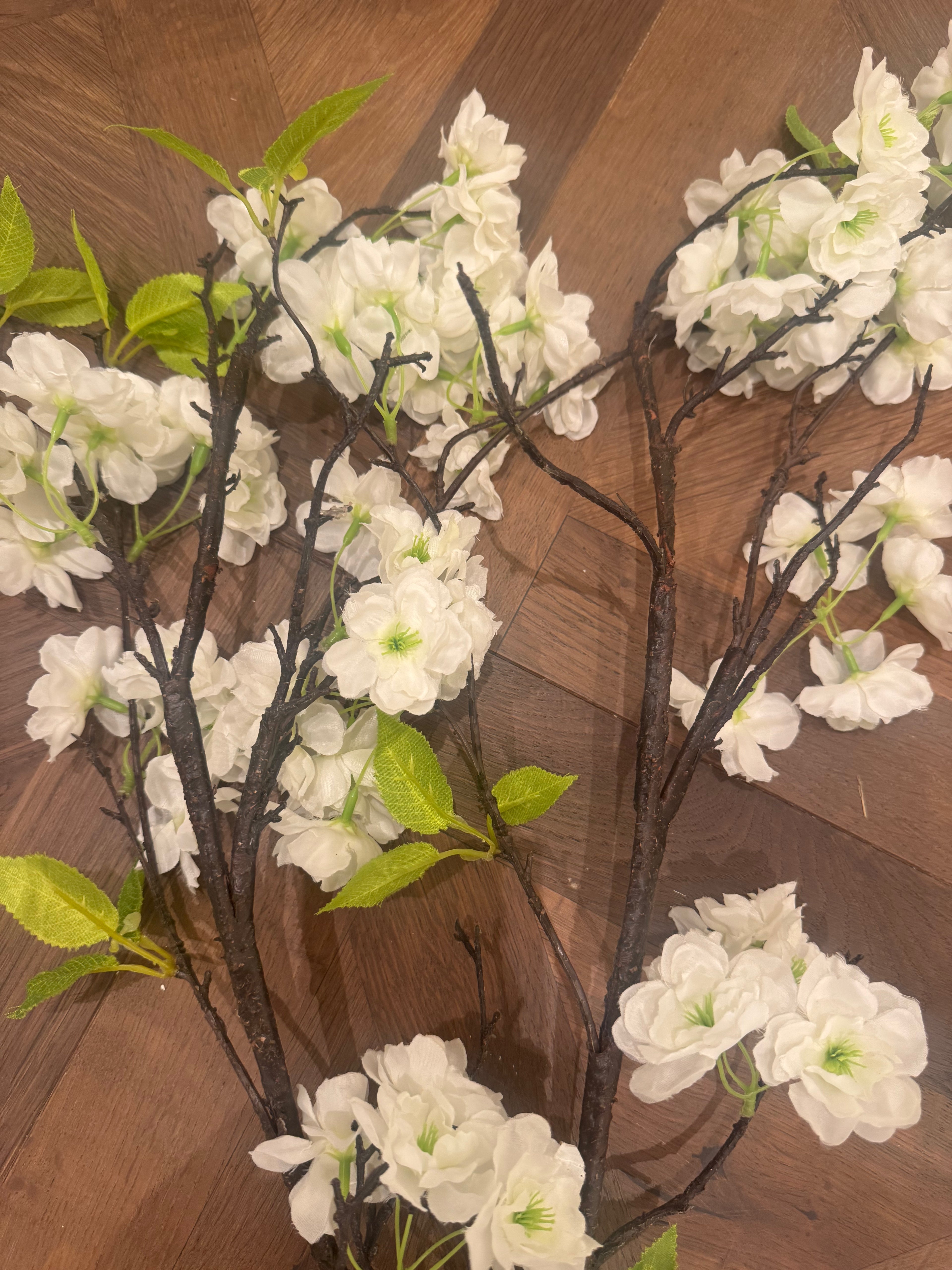 Faux White Cherry Blossom Stem with Green Center