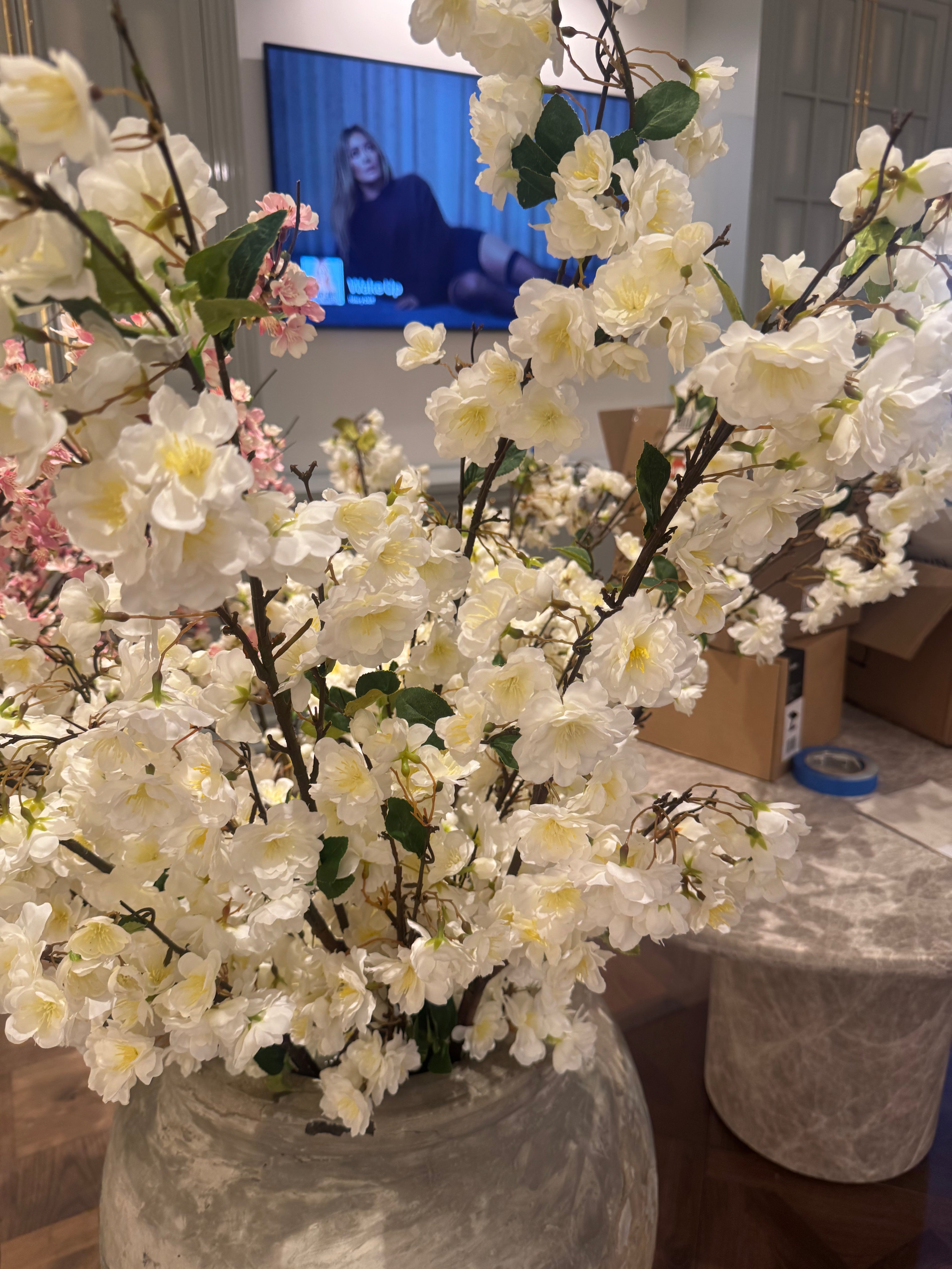 Faux White Cherry Blossom Stems 60"